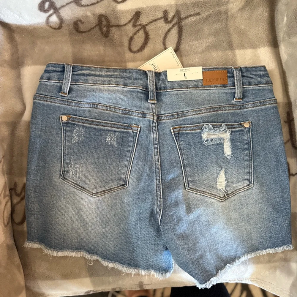 Judy Blue Light Blue Distressed Denim Shorts with Lemon Patch - Picture 2 of 4